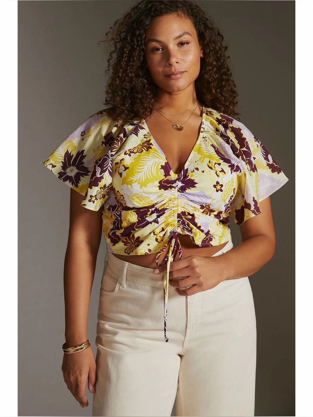 Anthropologie Maeve Cinched Flutter-Sleeve Top